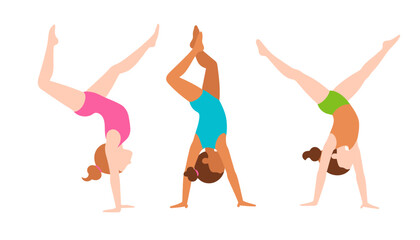 A diverse group of young female gymnasts performing handstands together