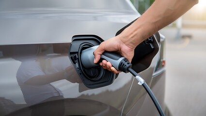 Close up of a person plugging an electric car charging cable into a vehicle