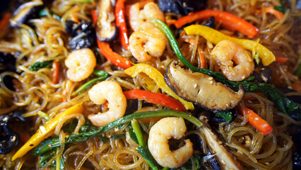 Korean Traditional Japchae with Shrimp, Mushrooms, and Vegetables