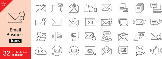 E-mail Business line icon set. Related to mailing, programming, postal letter, business and email. Vector illustration. Linear icon collection. Email outline icon collection. Editable stroke. 