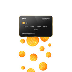 Golden dollar coins falling inside the credit card, vector illustration.