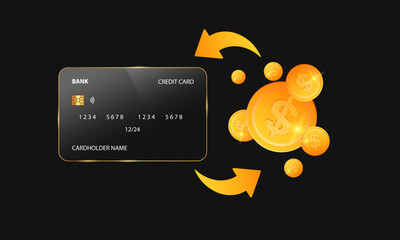 A sleek black credit card with golden arrows and coins, representing cashback, rewards, and financial growth in a modern, digital banking world.