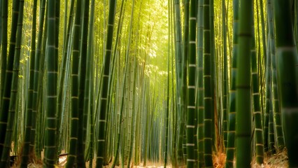 Fototapeta premium Sunlight filtering through a dense bamboo forest creating a serene natural landscape