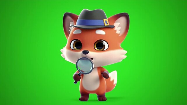 Adorable Cartoon Fox Detective Character 3D Animation with Hat and Magnifying Glass Isolated on Green Screen Background Perfect For Children's Content Animated Short and Playful Marketing Campaign