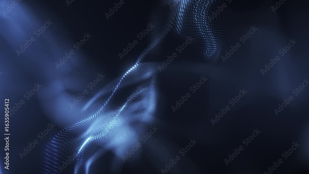 Poster abstract glowing wave of particles and dots moving on soft blue background, big data visualization, 