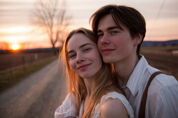 Obraz premium young couple walks hand in hand along tranquil path enveloped by warm glow of setting sun