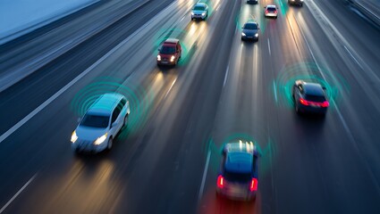 Autonomous vehicles driving on a highway at night with glowing sensor data