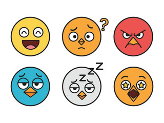 Emotionally Charged Emojis: A vibrant collection of bird-themed emojis expressing a spectrum of emotions, from cheerful glee to irritated grumpiness.