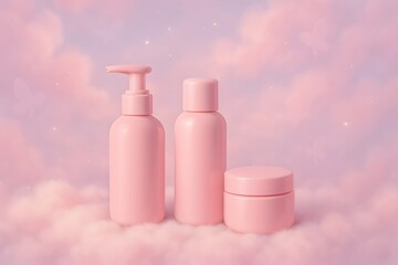 Dreamy pastel pink cosmetic containers on fluffy clouds with fantasy sky background for cute beauty branding