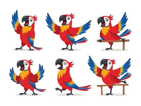 Playful Parrot in Various Poses: A collection of playful parrots is depicted in a colorful cartoon illustration, each showcasing unique poses, expressions.