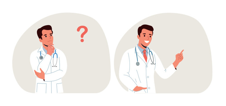 Young doctor thought about it and came up with an idea. Flat style cartoon vector illustration.