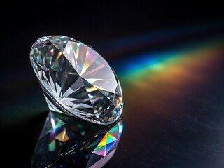 Brilliant diamond reflecting rainbow colors on dark background
