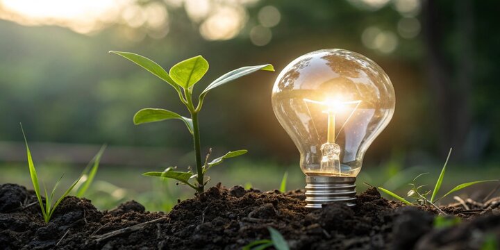 Symbolic image of green plant emerging from glowing lightbulb, signifying sustainability.