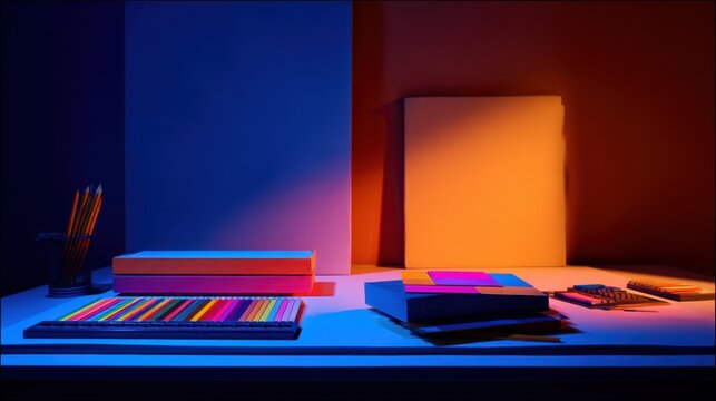 A neatly arranged desk with colorful clothing items on hangers, set against a plain grey and white wall background,