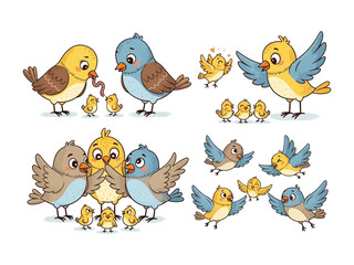 Lovely Bird Family in Illustration: A heartwarming illustrated scene of charming bird family, in various lovely moment. Show the love between mother and their children, and spread their wings.