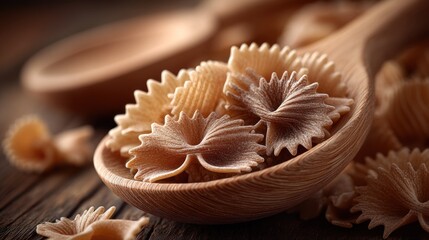 Bowtie pasta in a wooden spoon, stacked on rustic wooden surface