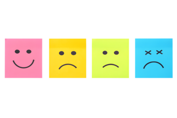 Basic emotions are joy, sadness, anger, fear or surprise. Four colorful squares with emotions on a transparent background