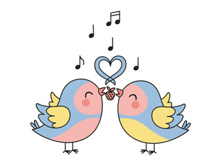 Singing Lovebirds' Melody: Two charming, pastel-colored lovebirds share a sweet moment, their song symbolized by musical notes and heart shaped from their breath, capturing the essence of tenderness.