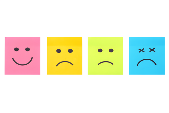 Basic emotions are joy, sadness, anger, fear or surprise. Four colorful squares with emotions on a transparent background