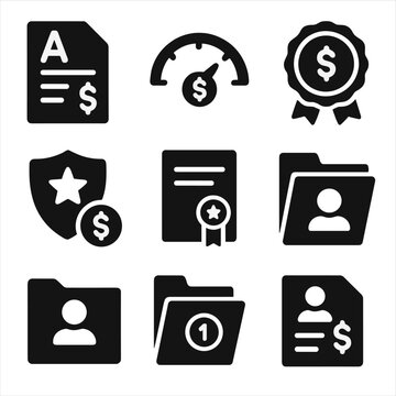 Academic Funding Icons. Solid style icons of academic performance and funding: grade report with dollar, GPA scale with money