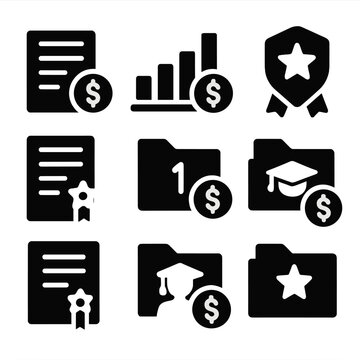 Academic Funding Icons. Solid style icons of academic performance and funding: grade report with dollar, GPA scale with money