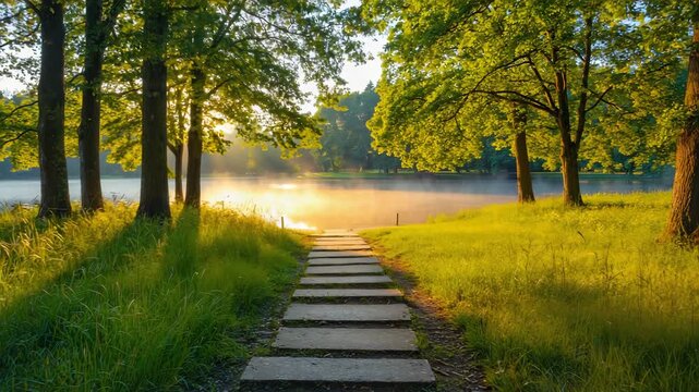 Stunning sunrise over tranquil lake with stone path leading to the water, creating a peaceful and inviting nature scene for travel, wellness, and relaxation concepts