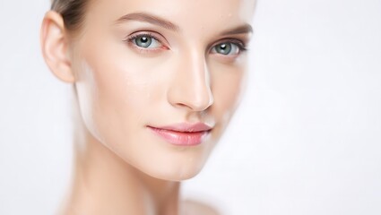 Fototapeta premium Close up of a beautiful young woman with perfect skin against white backdrop highlighting skincare and beauty products promotion