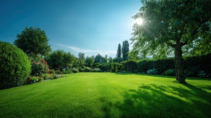 Naklejka premium Sunny Garden Lawn With Lush Green Grass And Trees