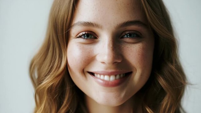 Natural beauty portrait of a young woman with freckles and no makeup. Pure skin, soft smile, authentic and clean look. Perfect for World Beauty Day.