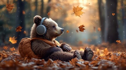A bear with headphones, enjoying music in a forest glade, with a peaceful expression.