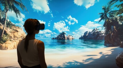 Person wearing vr headset experiences virtual tropical beach.