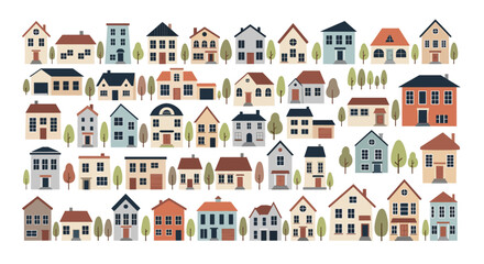 Naklejka premium A Diverse Collection of Colorful Townhouses and Residential Buildings Showcasing Various Architectural Styles and Designs