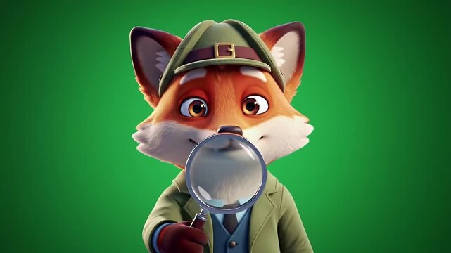 3D Animation of a Cartoon Fox Detective Examining with a Magnifying Glass Isolated by Greenscreen in a Brown Trench Coat and Matching Hat Perfect for Detective Themed Project and Educational Videos