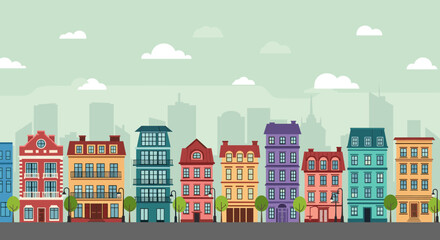 Fototapeta premium Colorful Row of Diverse Apartment Buildings and Cityscape Background