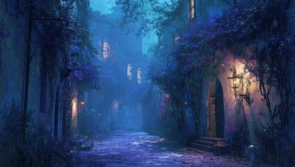 Misty, purple-hued alleyway at night