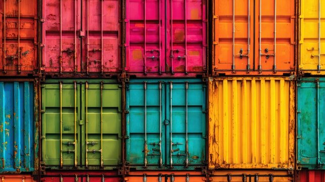 Brightly stacked shipping containers form a colorful grid pattern