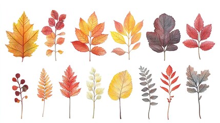 Various Shaped Fall Leaves on White Background Close-Up, Natural Element Decor Design Material