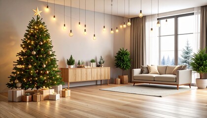 Illustrated Christmas Scene Featuring Cozy Hanging Lights in a Peaceful Room Setting with Glowing Ambiance and Space for Custom Copy
