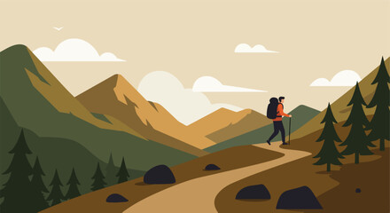 Hiker on trail with mountains, trees, sky, and clouds in neutral earthy tone colors