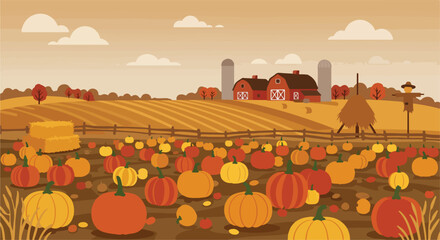 Countryside scenery featuring a pumpkin patch, farm buildings, scarecrow, hay bale