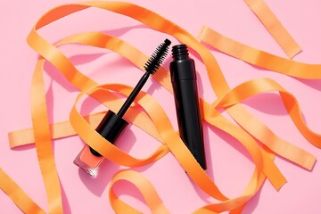 Photo of black mascara tube and wand with orange ribbon on pink background