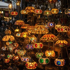 Vibrant Mosaic Lamps Display: Colorful Turkish Lighting Fixtures at Market Stall
