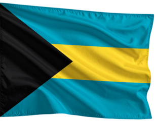  Realistic Bahamas flag waving in motion with fabric texture, isolated on a transparent background PNG