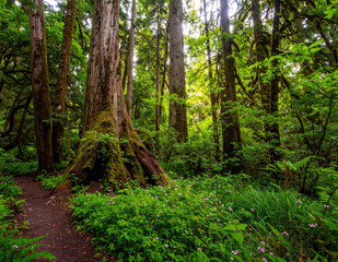 Early morning golden sunbeams illuminating a dense green forest with moss and lush undergrowth