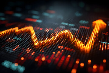 Dynamic financial chart with glowing forex and stock index data on a modern digital interface with upward growth arrows on dark background. 3D Rendering