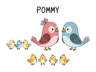 Playful Family of Birds: A heartwarming illustration depicts a collection of charming cartoon birds, each with unique colors and designs, gathered together to evoke feelings of family and love. 