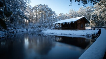 Obraz premium Snowy cabin by tranquil lake, winter woods