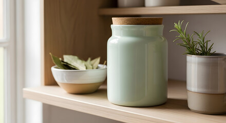 Kitchen herbs and spices in containers on shelf