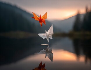 Two origami butterflies, orange and white, soar above a calm lake reflecting a sunrise or sunset.  Mountains and trees in the background