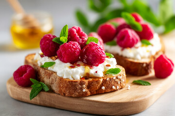 Simple ricotta raspberry toast on rustic wooden serving board